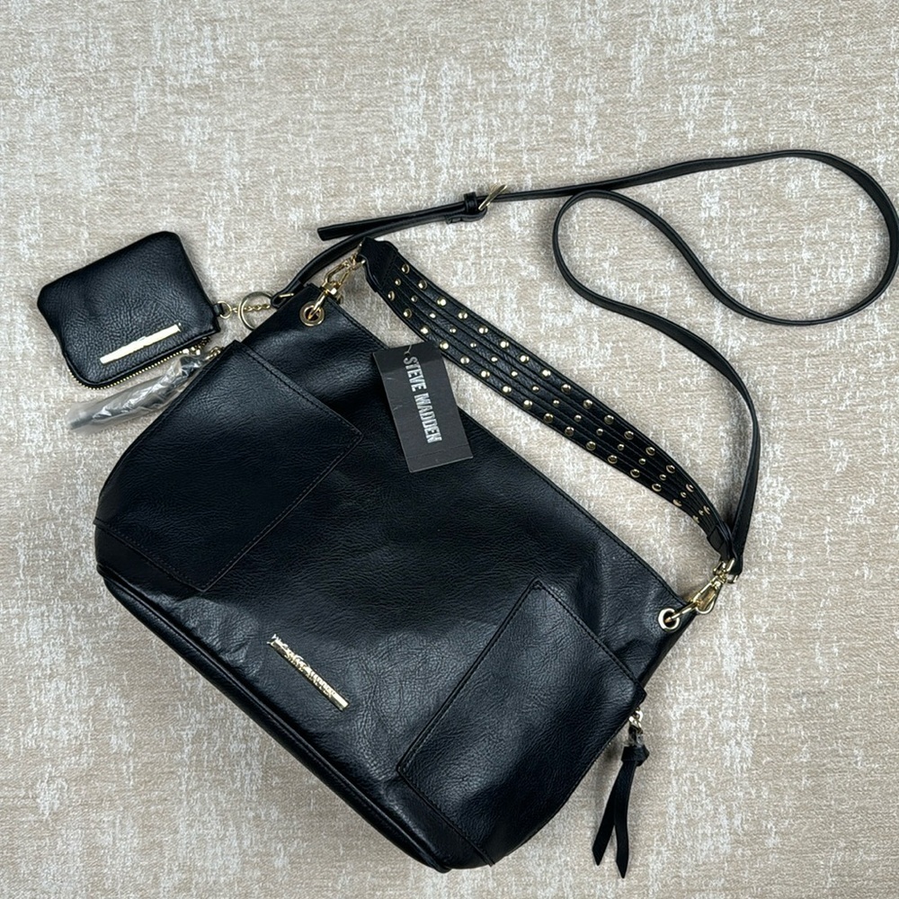 Steve Madden Women's Marge Chevron Quilted Drawstring Small Bucket Bag Black